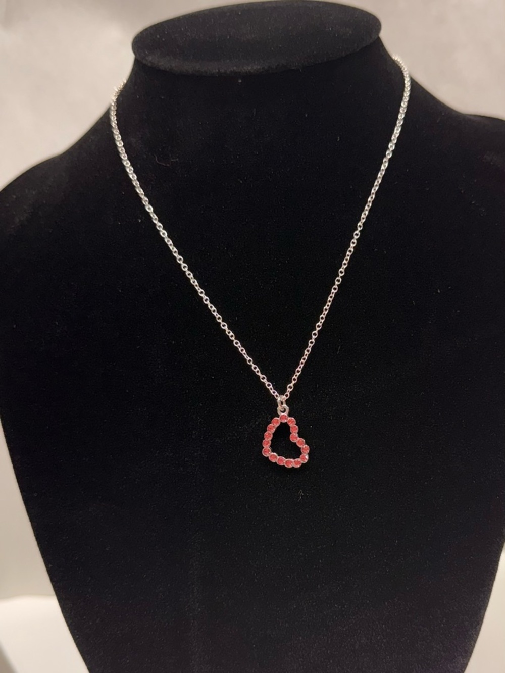 Silver Chain Necklace with Pink Crystal Heart Pendant New